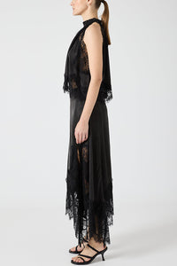 ZEPHIRA – Ensemble haut à col plissé et jupe trapèze à fente irrégulière en satin et dentelle