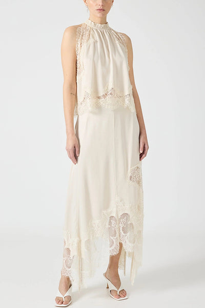 ZEPHIRA – Ensemble haut à col plissé et jupe trapèze à fente irrégulière en satin et dentelle