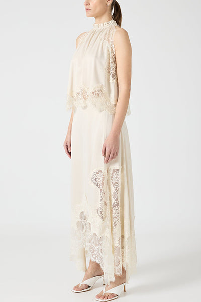 ZEPHIRA – Ensemble haut à col plissé et jupe trapèze à fente irrégulière en satin et dentelle