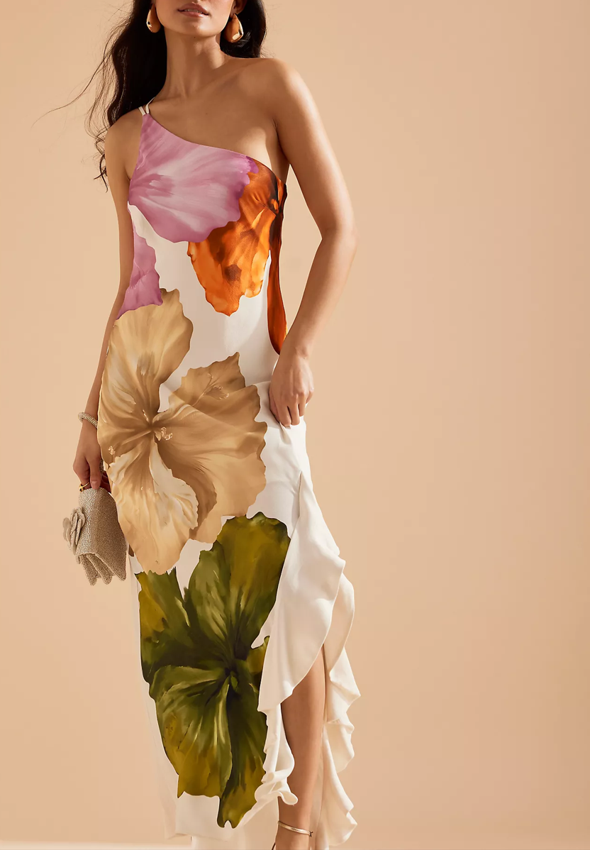 ZEPHIRA – Robe Maxi Asymétrique à Imprimé Floral et Volants Latéraux