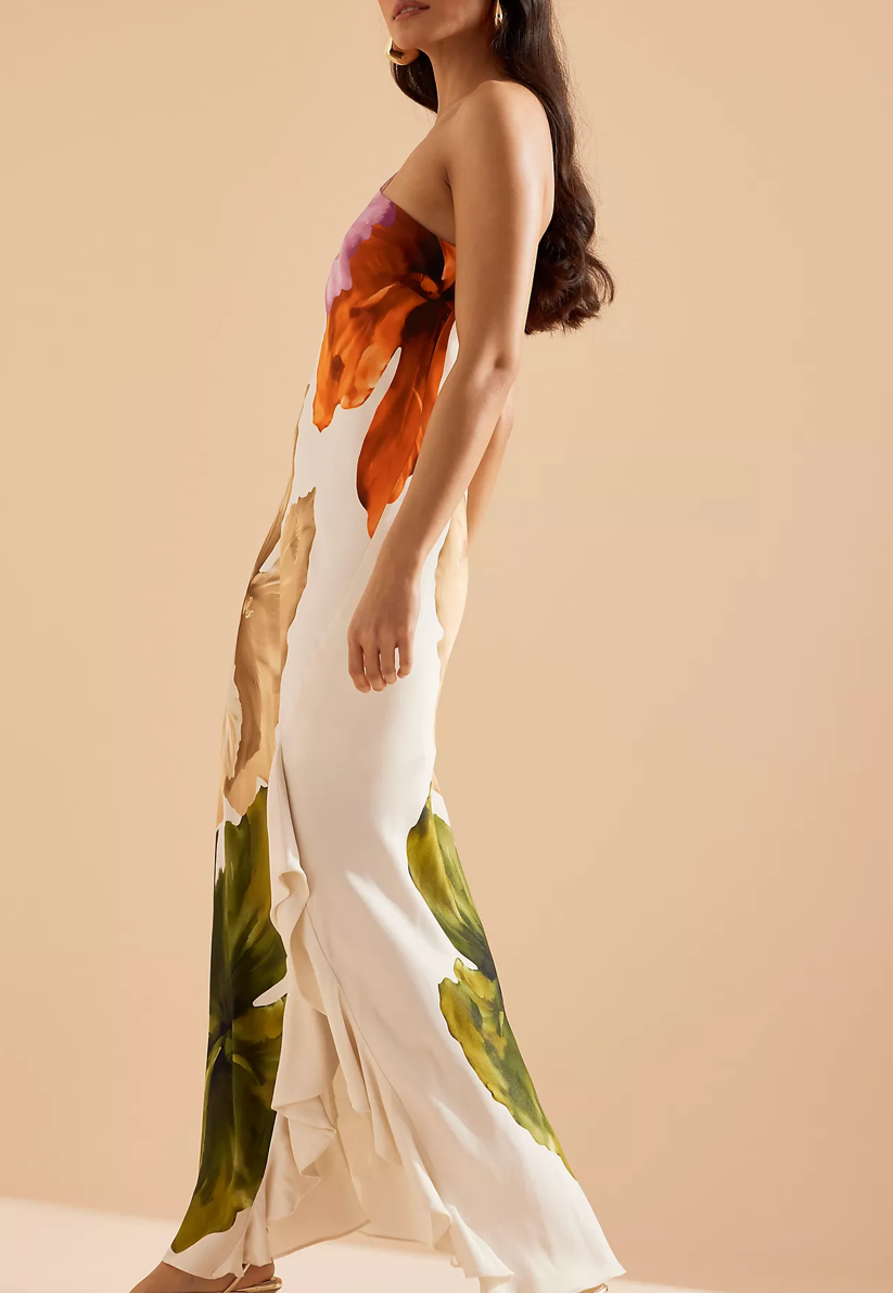 ZEPHIRA – Robe Maxi Asymétrique à Imprimé Floral et Volants Latéraux