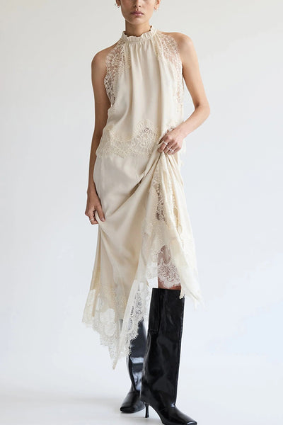 ZEPHIRA – Ensemble haut à col plissé et jupe trapèze à fente irrégulière en satin et dentelle