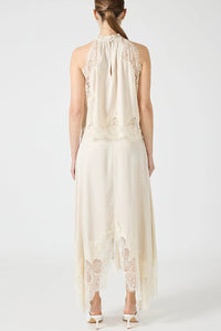 ZEPHIRA – Ensemble haut à col plissé et jupe trapèze à fente irrégulière en satin et dentelle